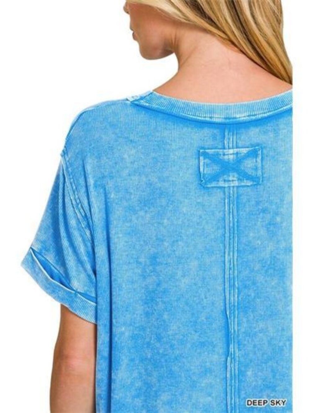 Zenana Washed‎ Ribbed Cuffed Short Sleeve Round Neck Top - Picture 5 of 7